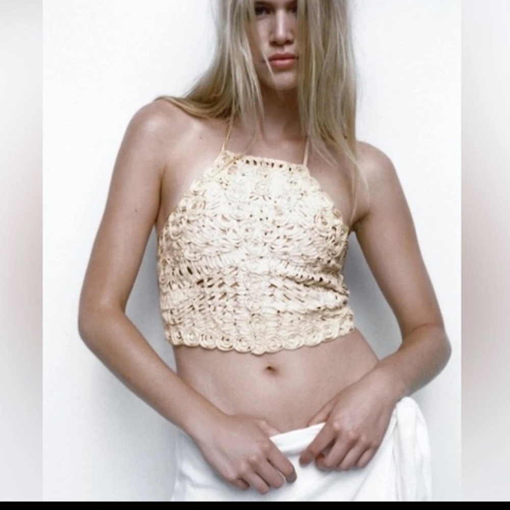 Zara Cream Crochet Halter Crop Top